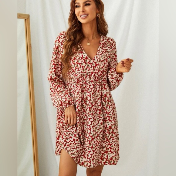 Allover Floral Print Lantern Sleeve Dress - Picture 3 of 6